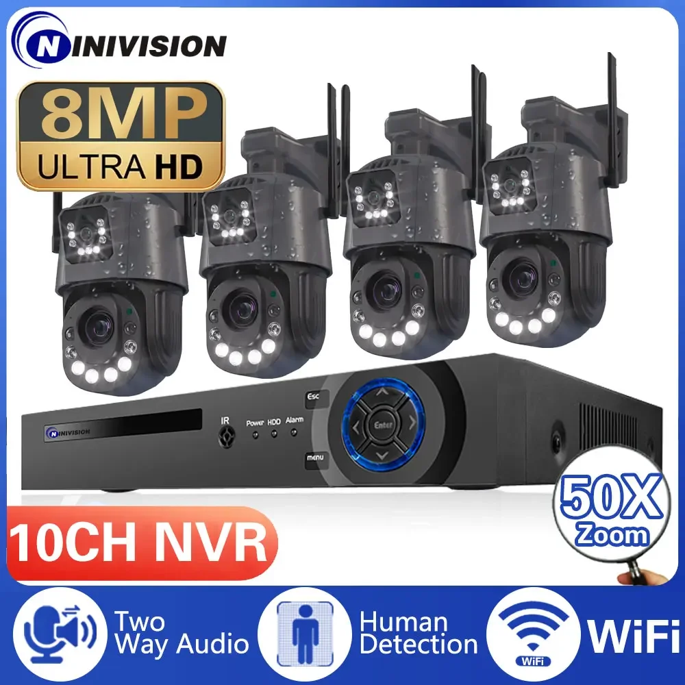 

Беспроводная система видеонаблюдения с зумом 50X, 8 Мп, 4K, 10 каналов, NVR, POE, комплекты для домашнего видеонаблюдения, комплект уличных IP-камер PTZ с 2-сторонним аудио