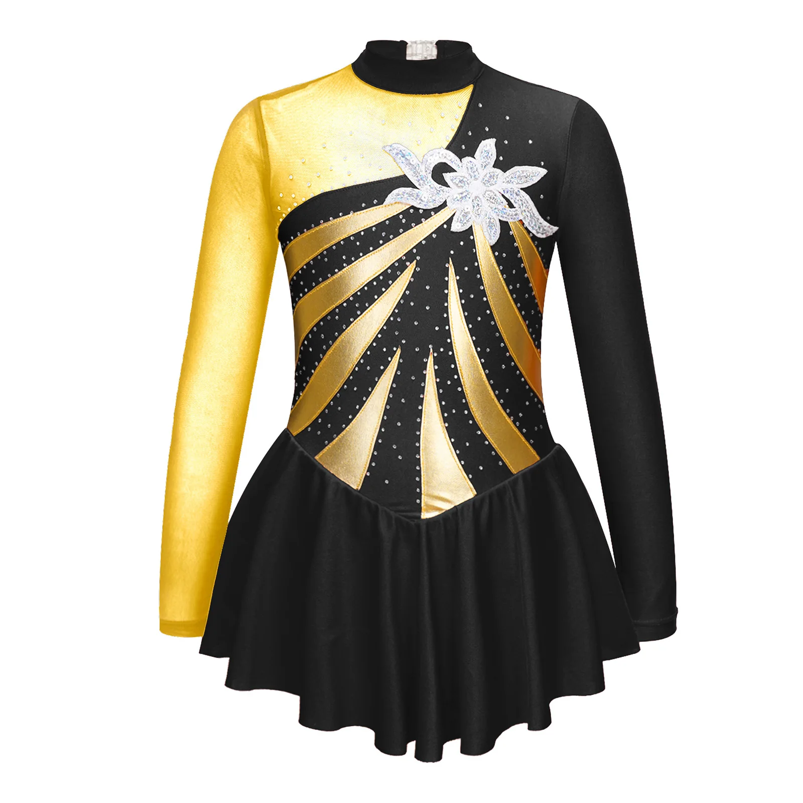 Figure Skating Dress Kids Long Sleeve Floral Ballet Dance Gymnastics Leotard Dress Shiny Rhinestone Girls' Ice Skating Clothes