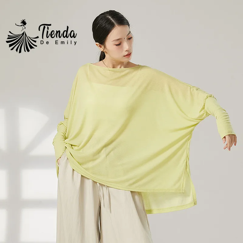 Womens Oversized T Shirts Summer Crop Tops Long Sleeve Loose Fit Tunic Blouse Modern National Team Basic Ballet Practice Sweater