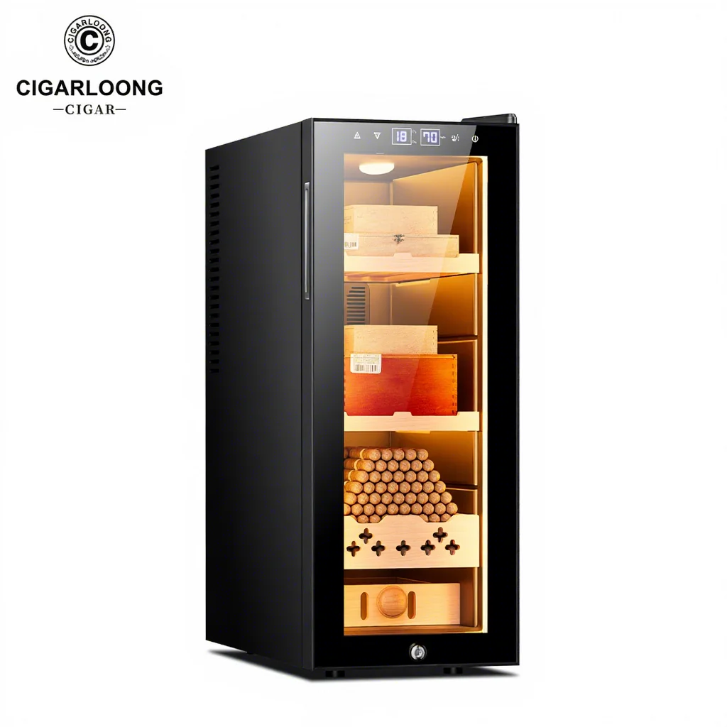 CIGARLOONG Small Electronic Cigar Cooler 50-200 Cigars Capacity Quiet Energy-Saving Spanish Cedar Shelf for Home