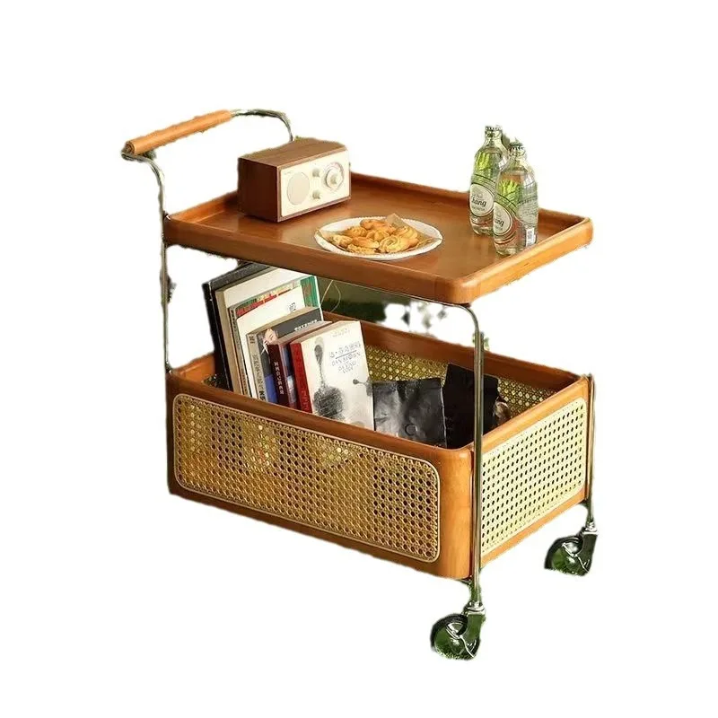 

Nordic solid wood edge few black walnut storage trolley living room sofa rattan