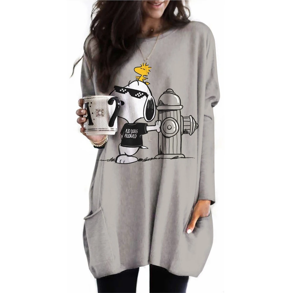 European and American autumn long sleeved comfortable casual pocket T-shirt loose medium women's top Snoopy print women's pocket