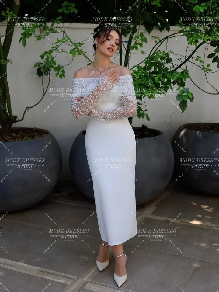 MODX 2026 فساتين زفاف أنيقة من الدانتيل مكشوفة الأكتاف فستان زفاف غمد لالتقاط الصور Vestidos Novias Boda للنساء حسب الطلب