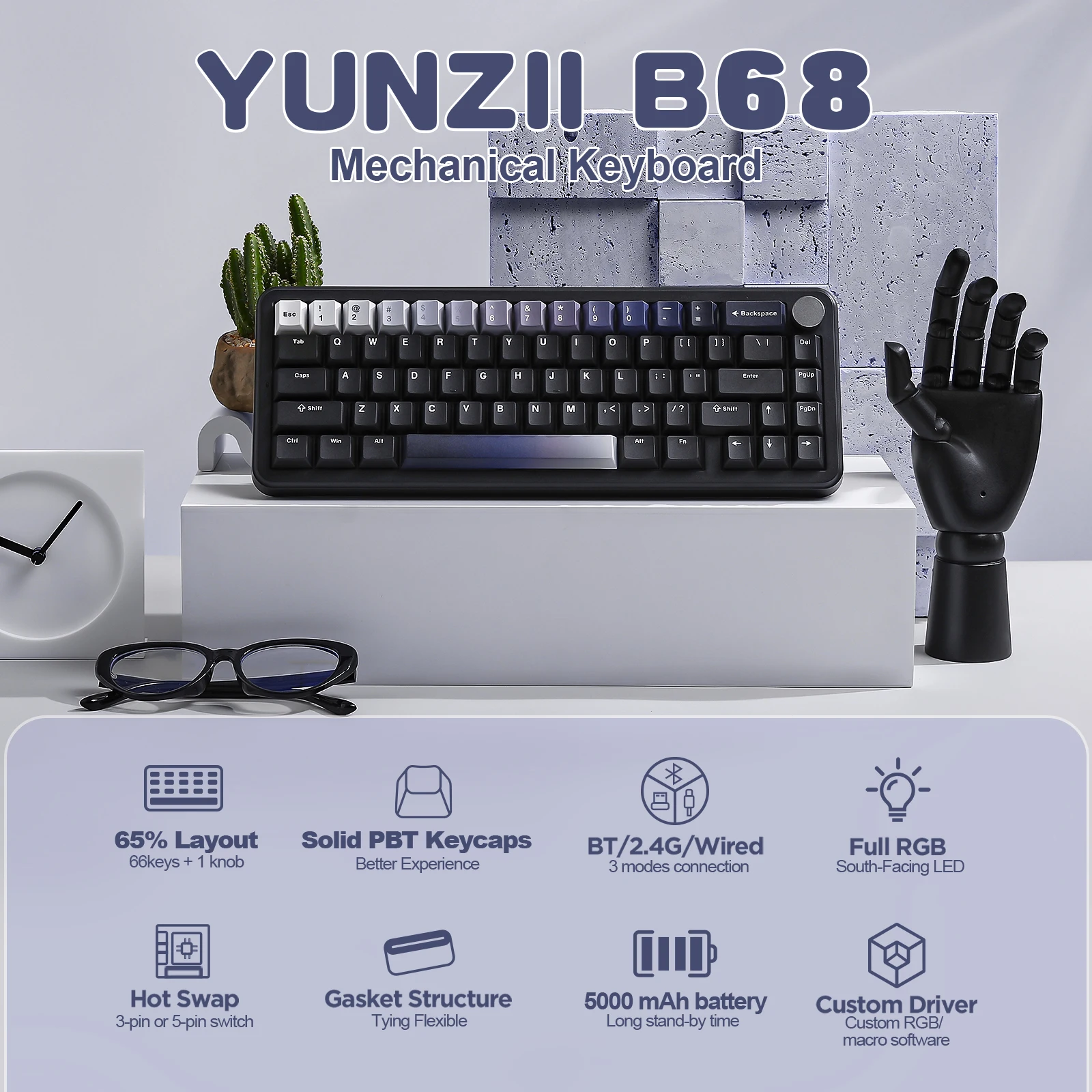 YUNZII B68 Black Wireless Mechanical Keyboard, Tri-Mode Hot Swap Gasket Mounted Creamy Gaming Keyboard with Knob for Win/Mac