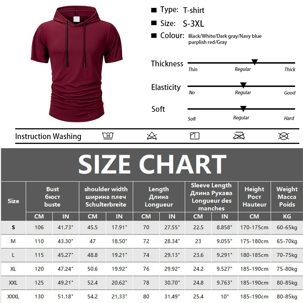 Sommer männer Mit Kapuze Sweatwear Casual Kurzarm Lose T-shirt Einfarbig Leichte Hoodie Fitness Atmungsaktive Tops – Detail 1