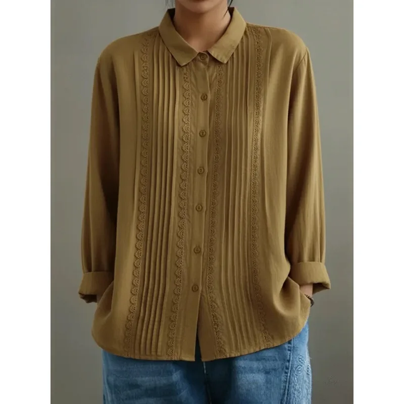 

Новая женская хлопково-льняная рубашка 2026 года: элегантная блузка с кружевными вставками, современный свободный крой, топ с длинным рукавом, модный образ в стиле бохо-шик