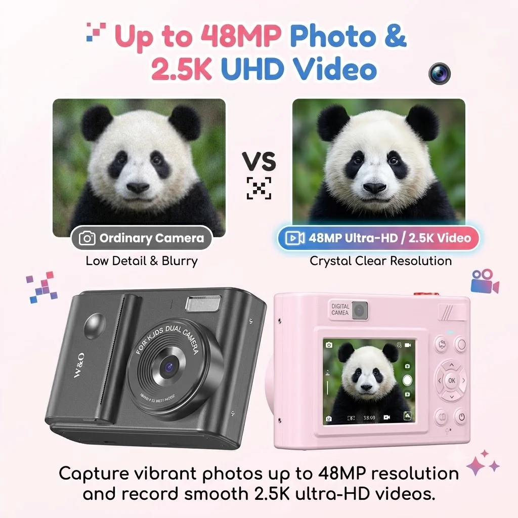 Instant Print Camera, Digital Camera with Mini Photo Printer, Portable Retro Camera for Travel, Party, Supports 2.5K Video and Photos up to 48MP Resolution, with 32GB Memory Card, Drawing Pen, stickers, Lanyard, Birthday Gift