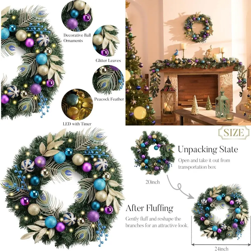

Pre-Lit Christmas Wreath with Peacock Feathers and Balls for Front Door, Holiday Party Wall Decor