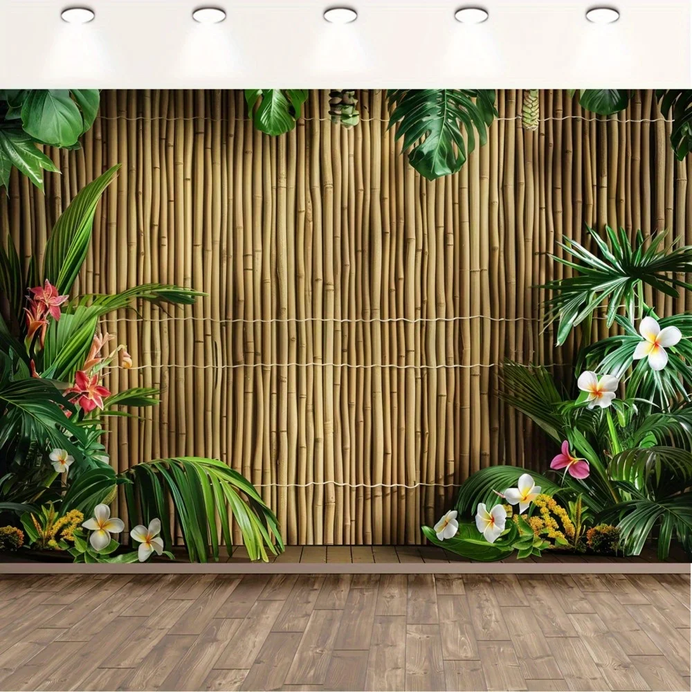 1 tropical bamboo wall background with palm leaves and hibiscus flowers - Hawaiian beach photography background
