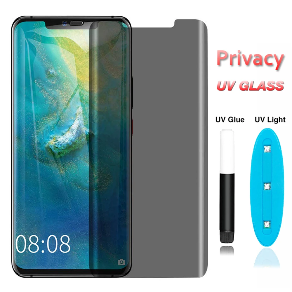 2 шт. Защитное стекло с УФ-покрытием и полным клеевым слоем для Huawei Mate 20 30 40 50 RS Nova 7 8 9 10 11 Pro + антишпионская защита экрана