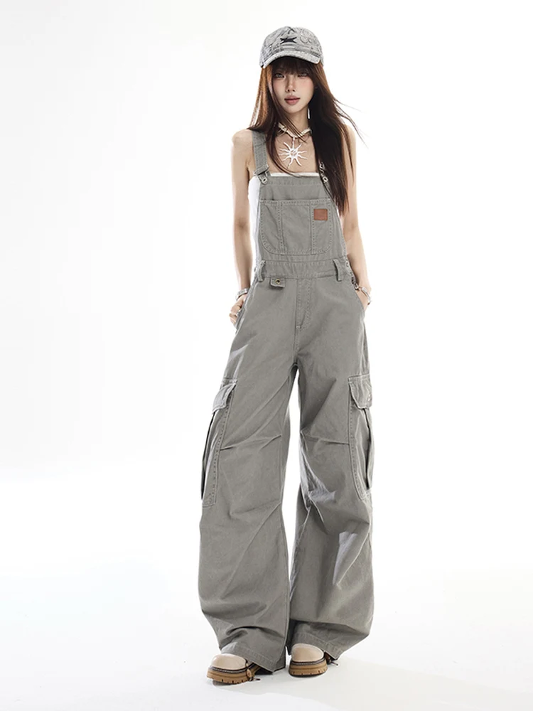 Fall New Women's Loose Wide Leg Denim Overalls Retro Workwear Style Multi-Pocket Grey Slimming Pants Long Cotton Trousers