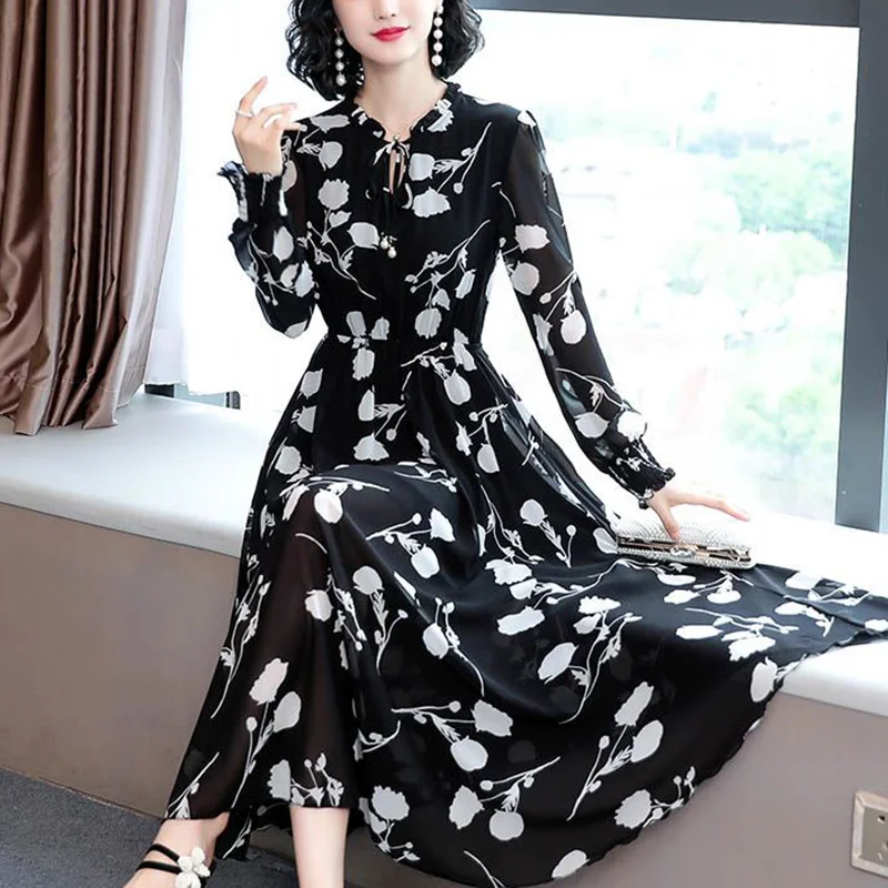 Vintage Printed Long Sleeve Lace Up Bow Midi Dress Women Clothing 2023 Autumn New Oversized Loose Office Lady Floral Dress