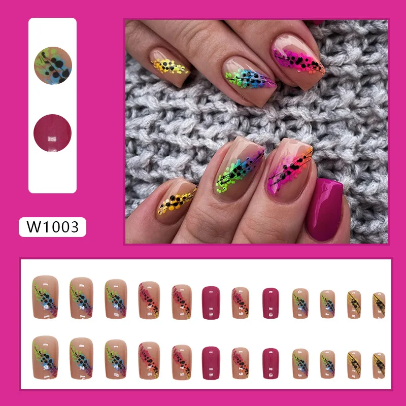 24 قطعة من أظافر قوس قزح - قاعدة أرجوانية مع نقاط ملونة، شكل باليه قصير، أظافر صناعية على طراز البوب المرح للنساء #3