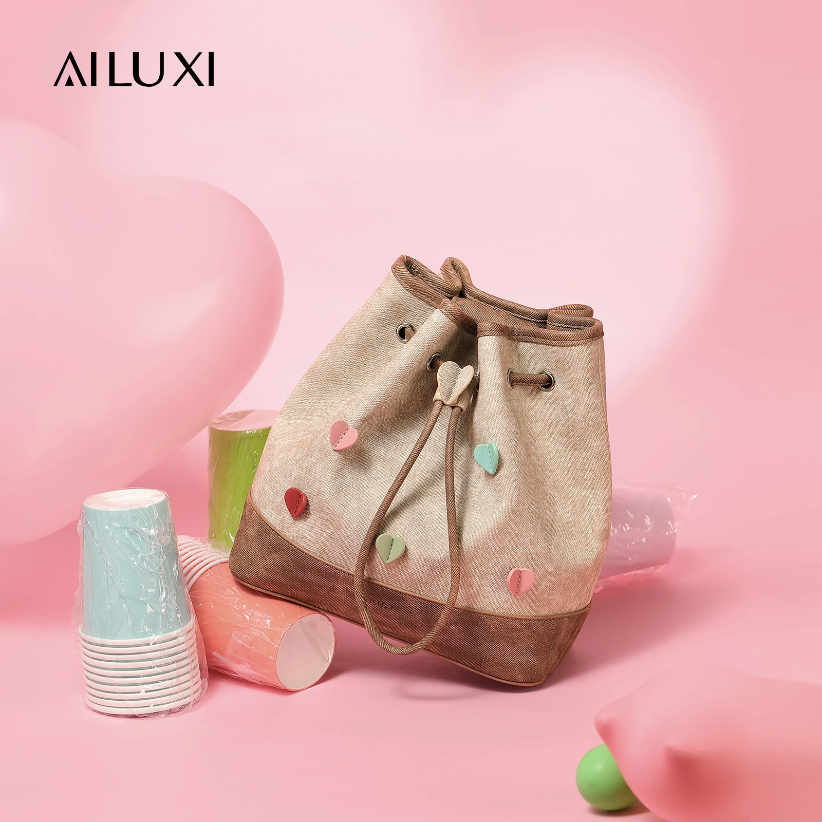 

AILUXI Women Backpack 2025 Original Designer Brand Bucket Bag Niche Cute Crossbody Lightweight Drawstring Shoulder Bag for Girl