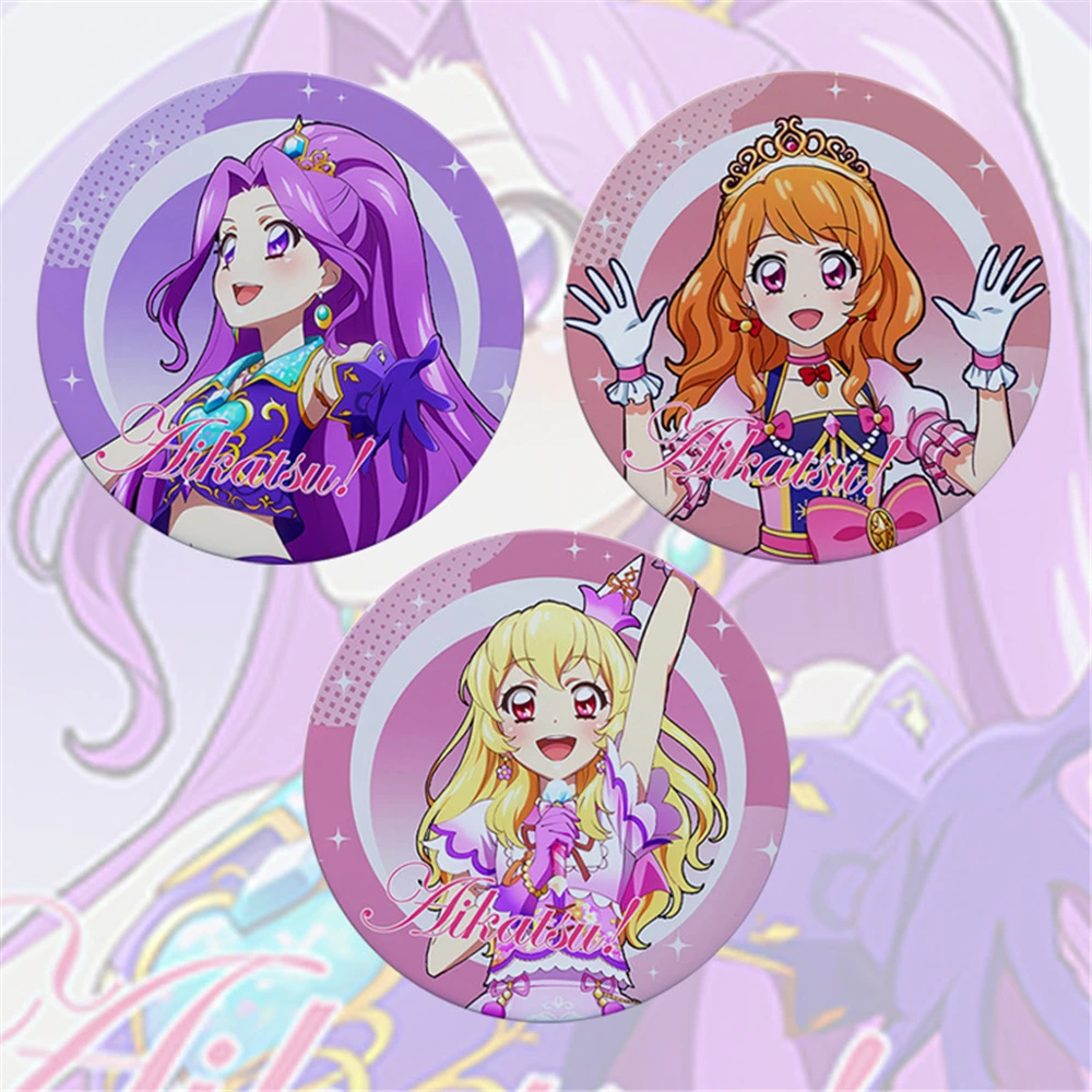 

58mm Anime Aikatsu Friends Hoshimiya Ichigo Kiriya Aoi shibuki ran Cosplay COSTUME Badge Pin SPTE Tinplate Brooch Prop Gilf