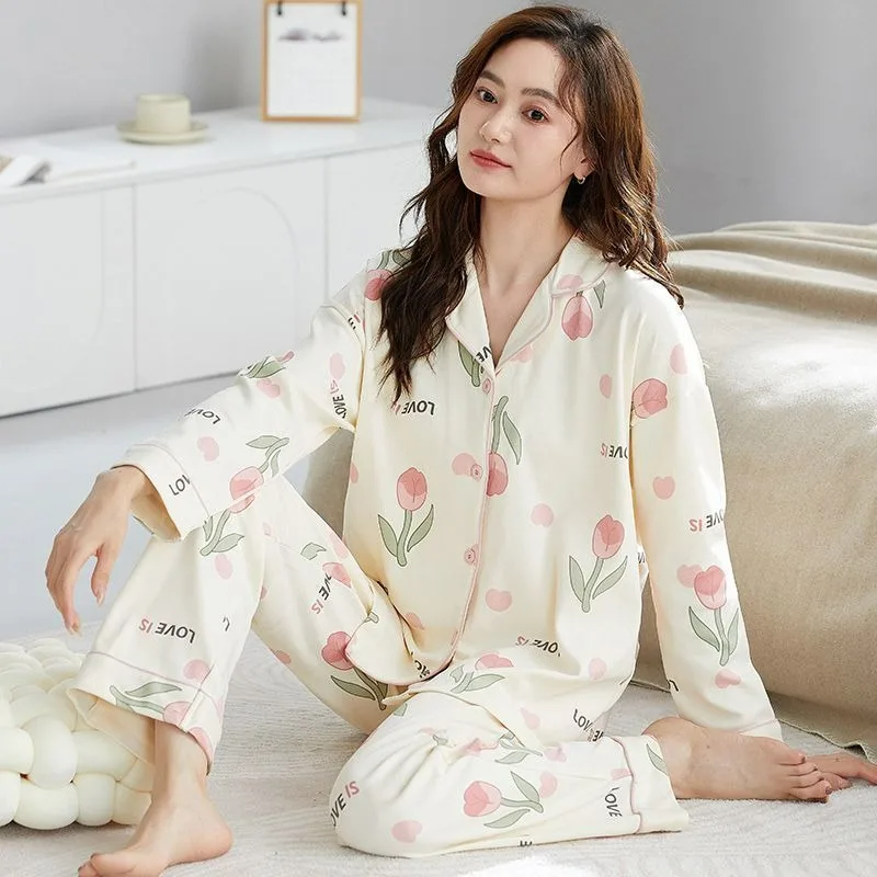 Women Cotton Pajamas Spring Autumn Female Long Sleep Sweet Loose Sleepwear Set Casual Lapel Large Size Cardigan Home Wear Suit