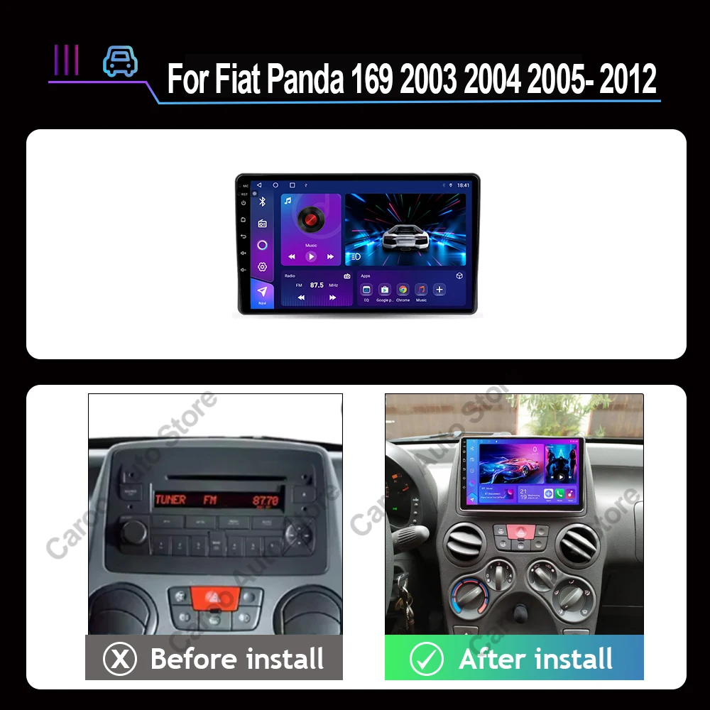 Car Radio Android 15 For Fiat Panda 169 2003 2004 2005- 2012 Carplay Auto GPS Navigation 360 Camera Stereo 2 Din Video Player B
