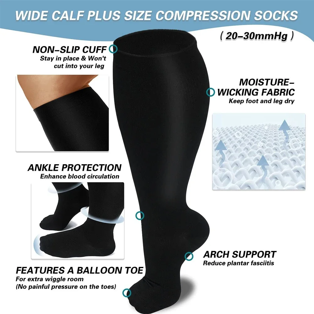 1Pair Plus Size Compression Socks for Women and Men Wide Calf 20-30mmhg Extra Large 2xl-7xl Knee High Support for Circulation