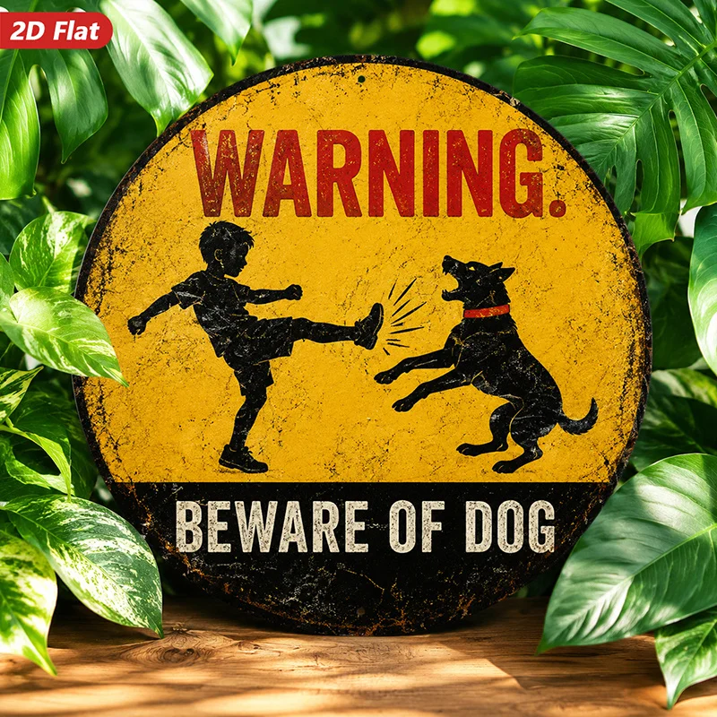 2D Flat, 1pc Beware Of Dog Warning Round Metal Sign Wall Art, Large Warning Text, Home Decor, Dog And Kick Silhouette, Suitable