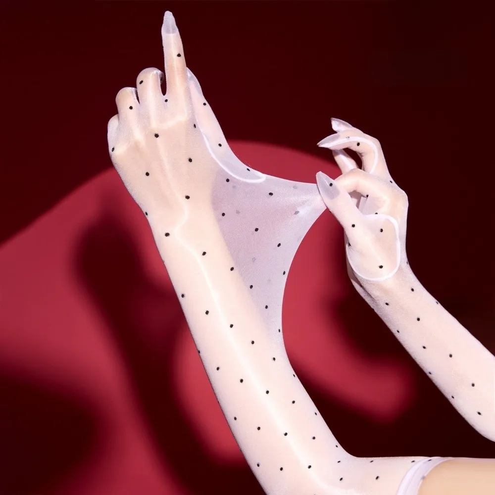 Stretchy Polka Dot Five Finger Gloves Oil Shiny Ultra-thin Long Gloves Tight Smooth Stockings Gloves Fashion Accessories