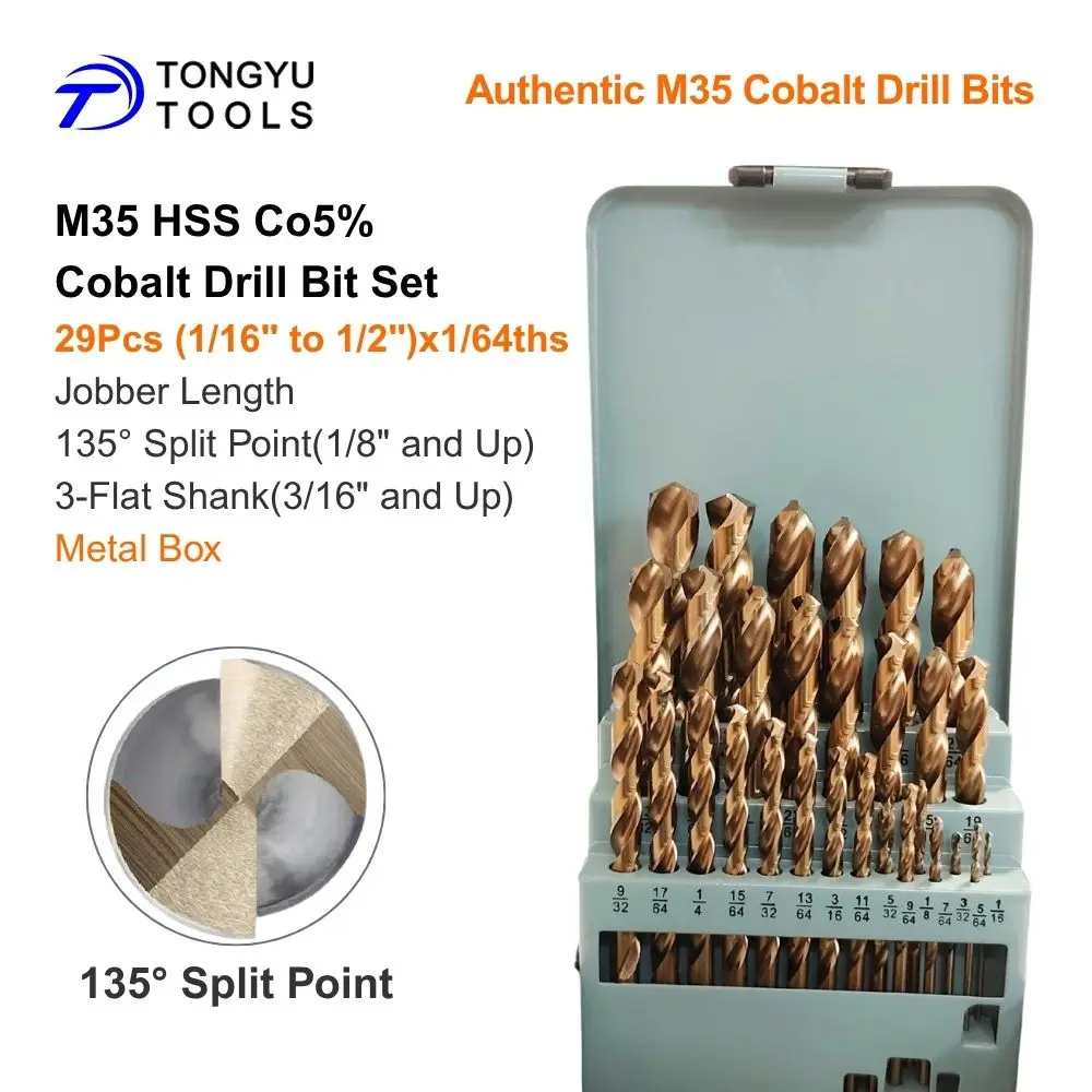 M35 Cobalt Drill Bit Set Inch Sizes HSS Co5% Twist Drill Bits for Stainless Steel Hard Metal