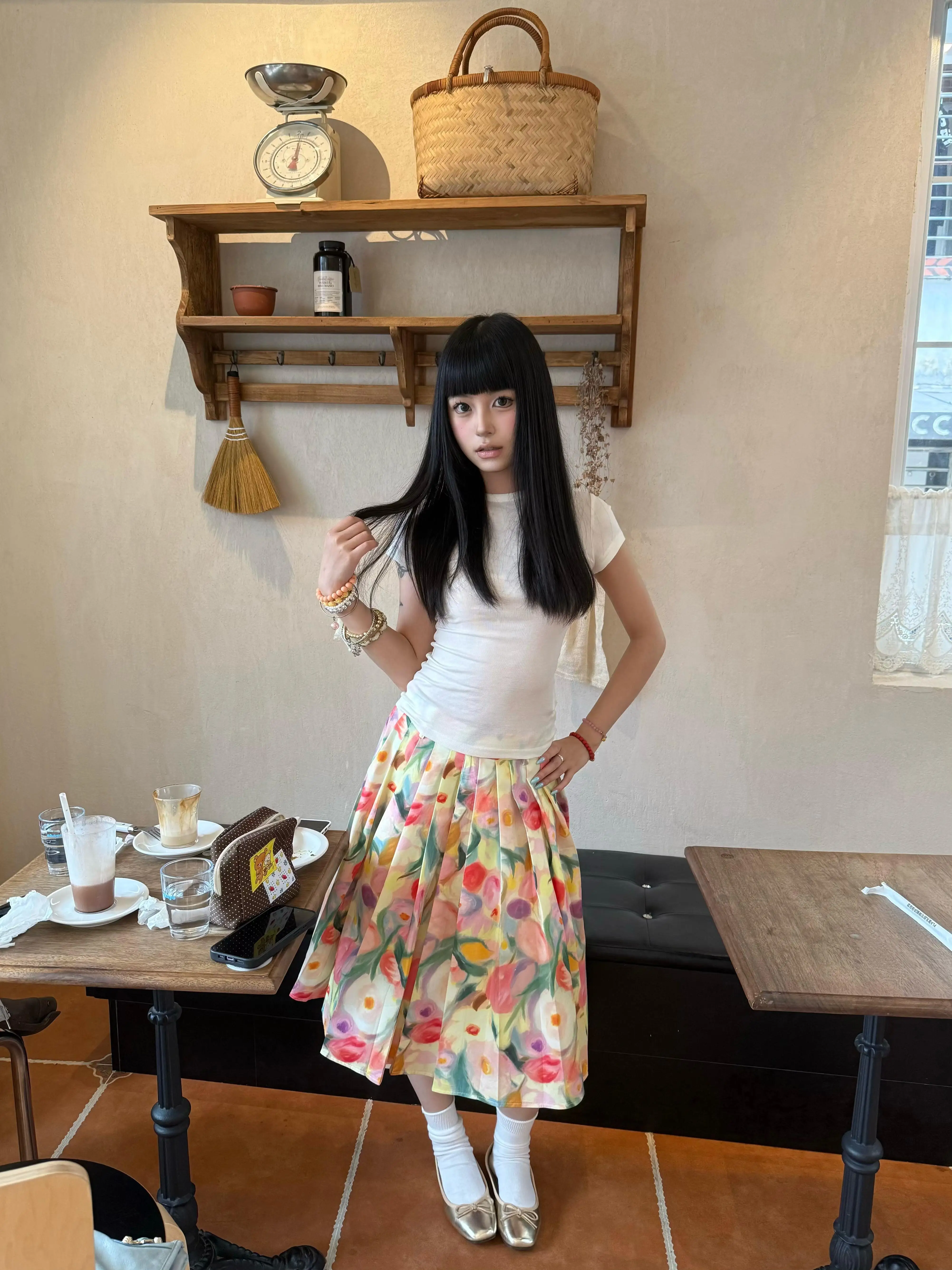 Retro Full Cotton Floral Pleated  Skirt Women's A-Line Summer Holiday Floral Mid-Length Skirt Casual Comfortable Cotton