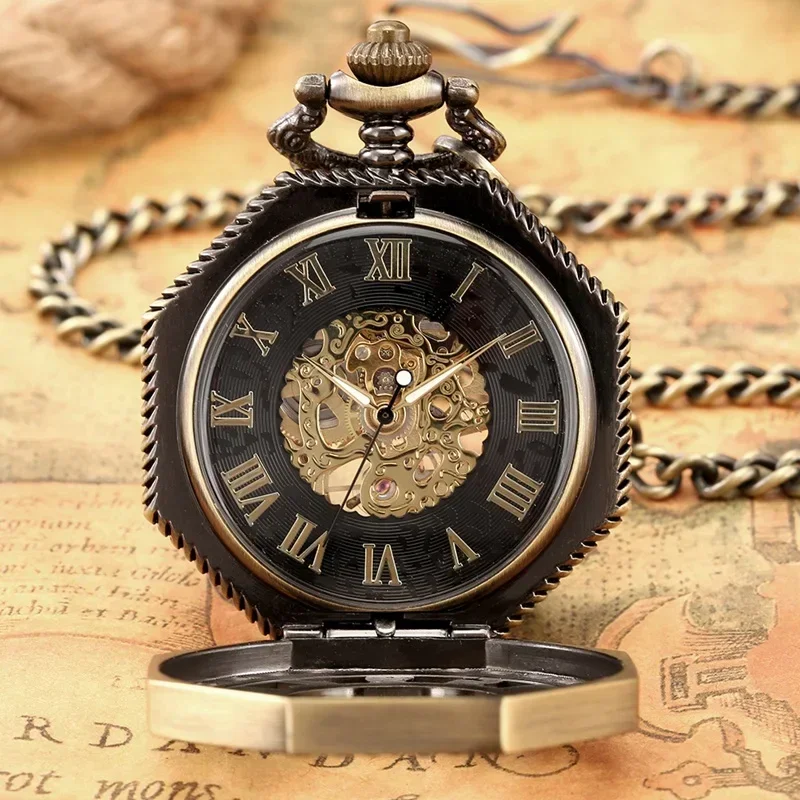 Bronze Hollow Octagon Shape Men Women Handwind Mechanical Pocket Watch Skeleton Clock FOB Pendant Chain Roman Number Display