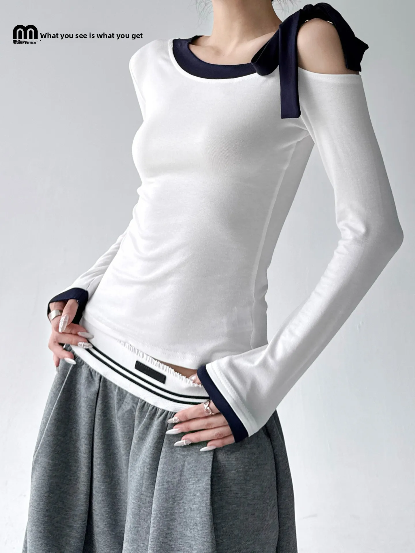 

Женская футболка Ele Long Sve Lazy Sle Base irt Design, топ с открытыми плечами для похудения, осень 2023 г.