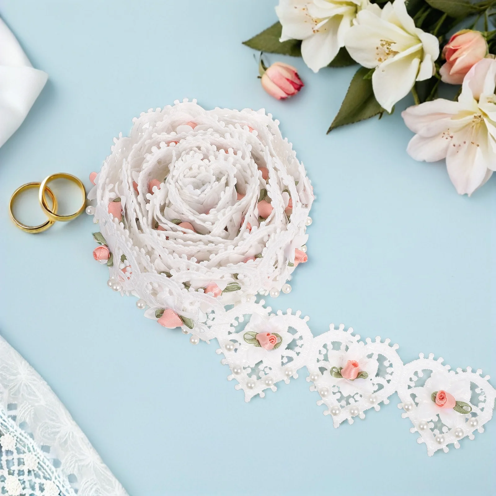 

3 Yards Heart Pearl Lace Ribbon Flower Embroidery Fabric Decorate Embroidered Beaded Trim for Sewing Applique Appliques Bride