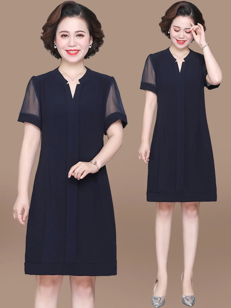 

Fashionable Summer Dress for Older Women Midi Length Chiffon Skirt Loose Fit round Neck Short Sleeve Single Piece Polyester B...