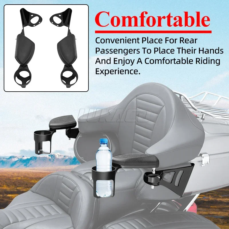 1 Pair Motorcycle Rear Passenger Armrests With Cup Holder Drink Bottle Carrier For Harley Touring Electra Road Tri Glide 2024