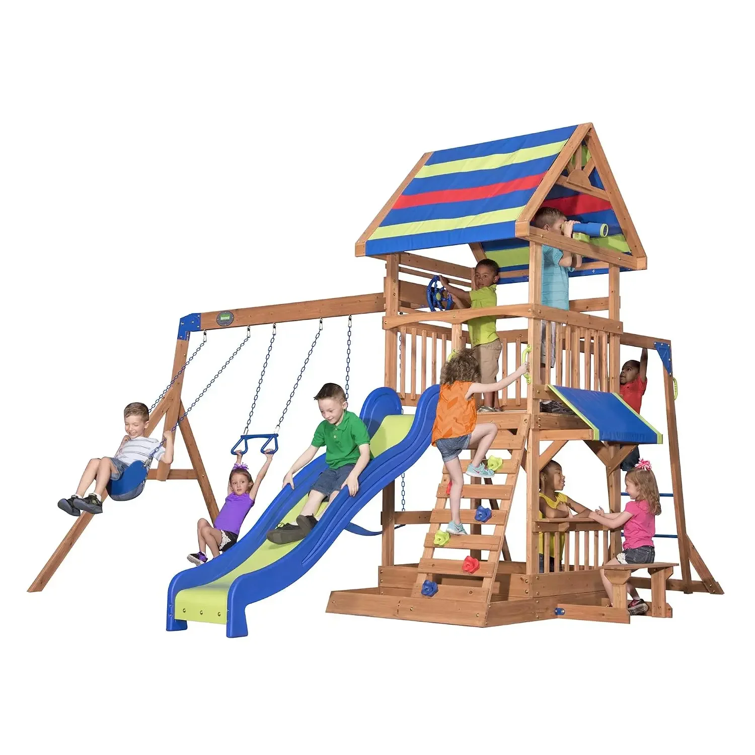 Beach Front Cedar Wood Swing Set with Wave Slide, Play Deck, Monkey Bars, Rock Wall Ladder, Shaded Picnic Area,, Customized