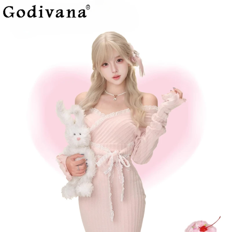 Doce fora do ombro vestido de cintura fina para as mulheres outono inverno rosa malha vestido longo feminino estilo japonês bonito bodycon vestido