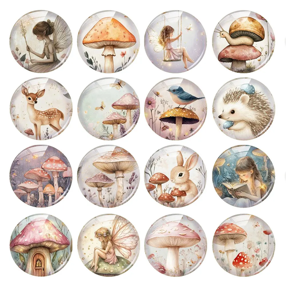 Random Mixed Round/Oval/Square Fairy Forest Mushroom Bunny Dear Photo Glass Cabochon Flatback Demo Cameo For Diy Jewelry Making