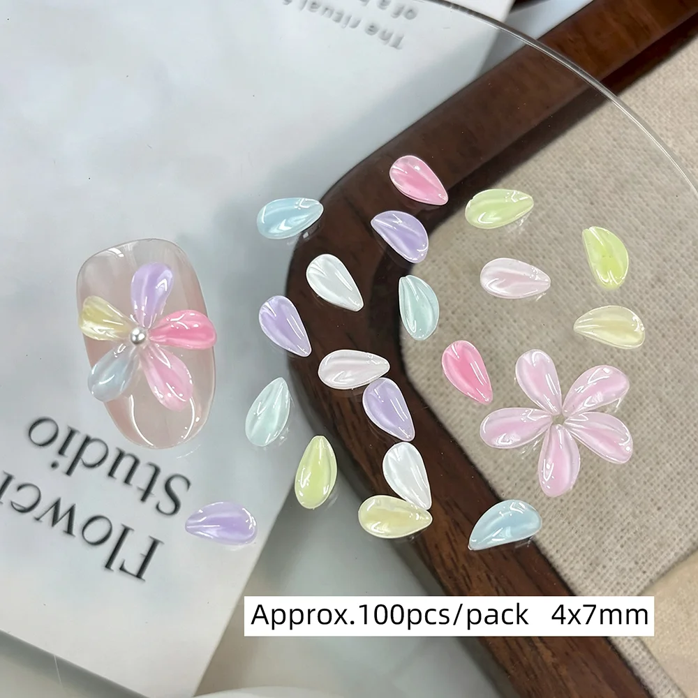 100Pcs 3D Resin Colorful Petal Flower Nail Charm Cute Ice Transparent Floral Rhinestone DIY Nail Crafts Manicure Accessories