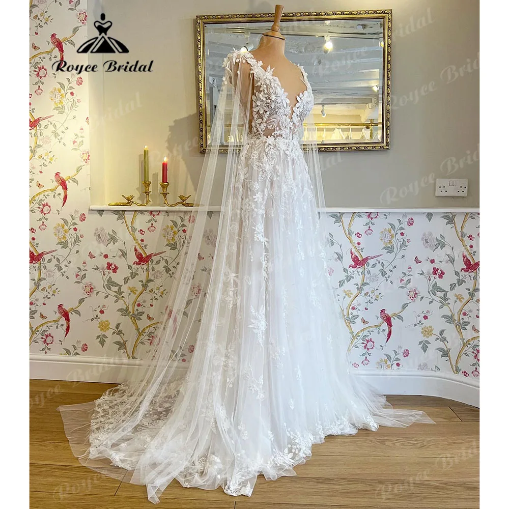 Romantic Lace Floral Fairy Beach Wedding Dress with Deep V Neck 2024 Bridal Gown Wedding vestido largo invitada boda Roycebridal