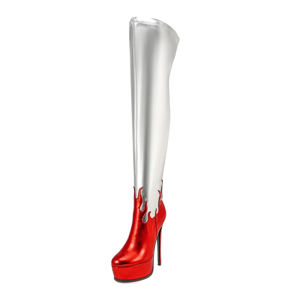 Large Size 47 Women Red Flame Silver Patchwork Long Boots Slim Heels Thick Platform Over The Knee Booties Pole Dancer Shoes