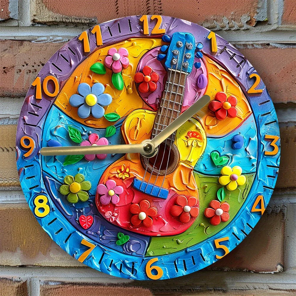 Silent Wall Clock with Guitar Theme - Diy, 2D Effects for Living Room Decor, Perfect Father'S Day Gift Wall Clock Modern Design