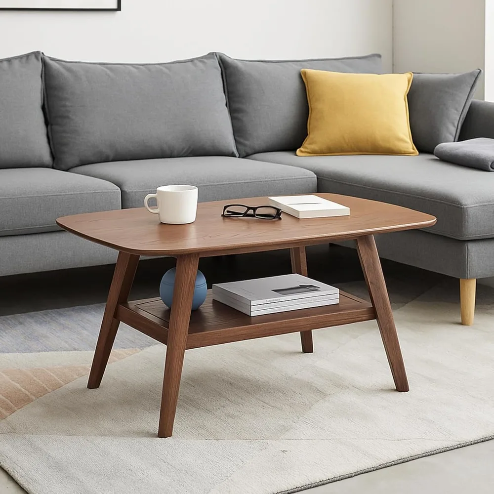 Mesa de centro de nogal de 31,5 pulgadas, mesa de té, mesas de centro pequeñas para espacios pequeños, mesa de centro de madera maciza de mediados de siglo con almacenamiento Sh
