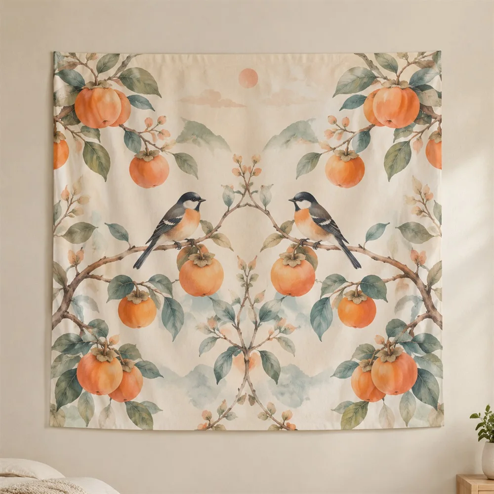 VIKAMA Persimmon and Bird Mirror Symmetric Tapestry Wall Hanging, Korean Wall Decor Tapestries for Living Room Bedroom Entryway
