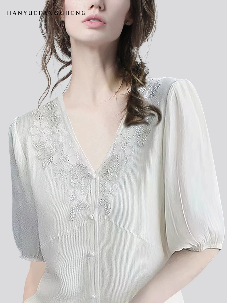 2024 Summer Vintage Embroidered Lantern Sleeves V-neck Chiffon Knit Top Women\'s Western Style Unique Design Loose White Shirt