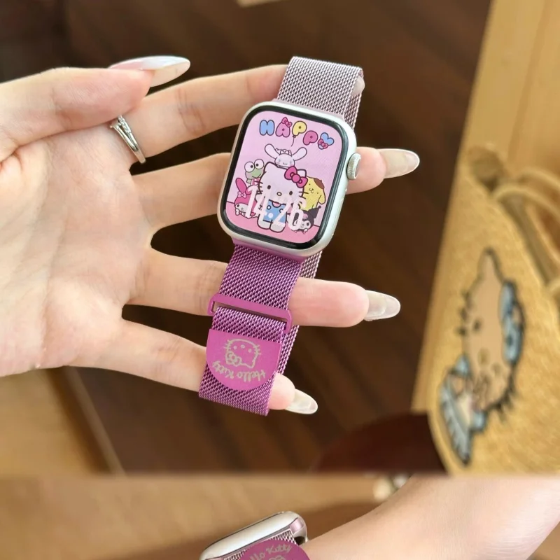 

Hello Kitty Magnetic Metal Milanese Watch Band Round Tail For Apple Watch Series 11 10 9 8 7 SE Women Girls Daily Wear