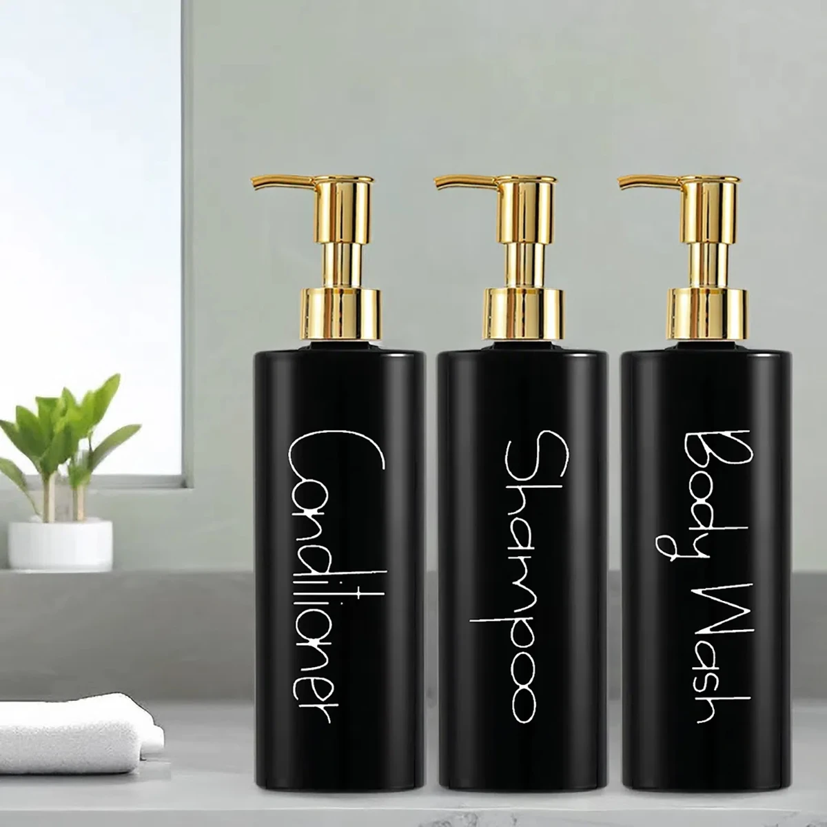 1set Bathroom Shower Dispenser Shampoo and Conditioner Bottles Refillable 16oz Shower Soap Bottle Pump Waterproof Labels