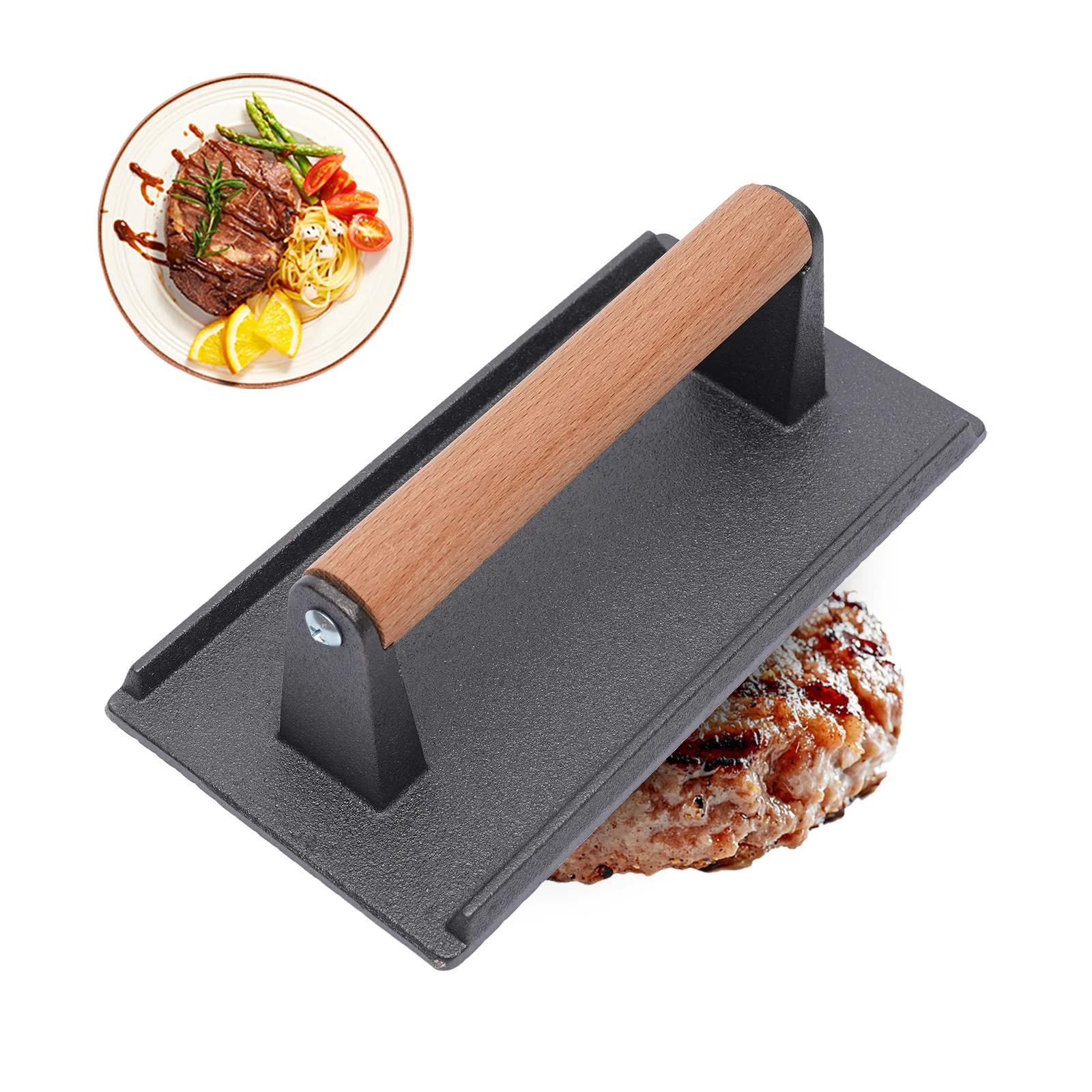 Kitchen Heavy Cast Flat Iron Steak Weight/Bacon Press with Wooden Handle Heavy-Weight Grill Press Commercial Grade Burger