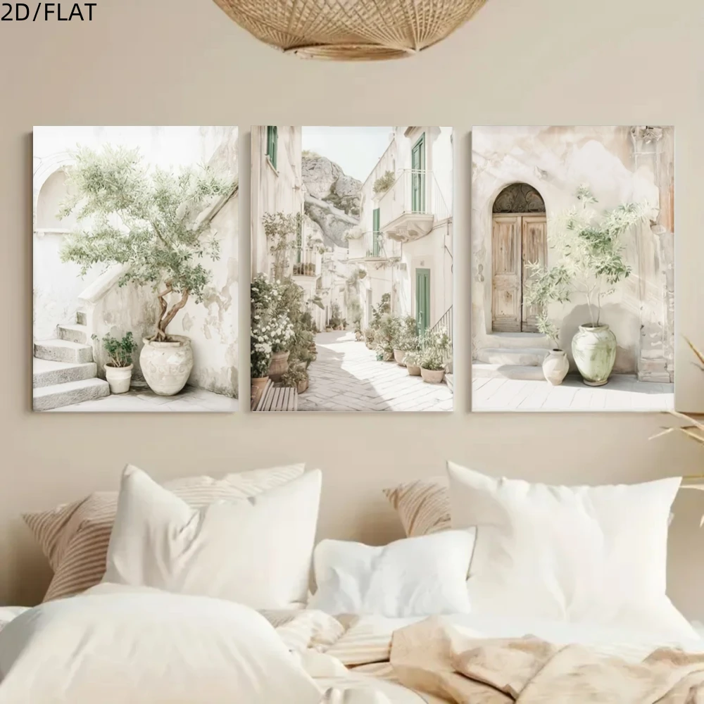Minimalist Art Mediterranean Courtyard Stone Wall Alley Decor Painting Wooden Framed Ready‑to‑Hang Wall Art for Living Room