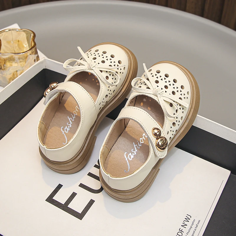Kids Hollow Cutout Mary Janes Bow Decor Double Metal Button Strap Thick Gum Sole Breathable Summer Girls Princess Dress Shoes