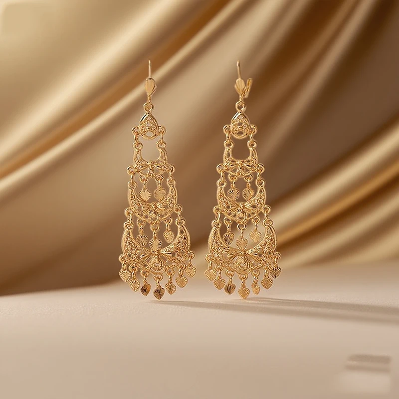 Arabesque Gold Plated Dangle Earrings with Heart Shape Tassels for Women Luxury Wedding Bridal Drop Earring Set
