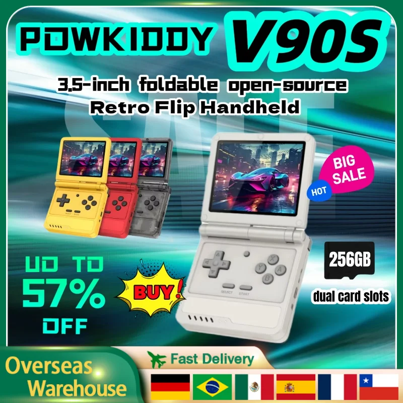 

POWKIDDY V90S Retro Handheld Game 3.5 lnch 4:3 Console Dual Type-C Long IPS Screen A133 Plus Flip Battery Life Cheap Kids Gifts