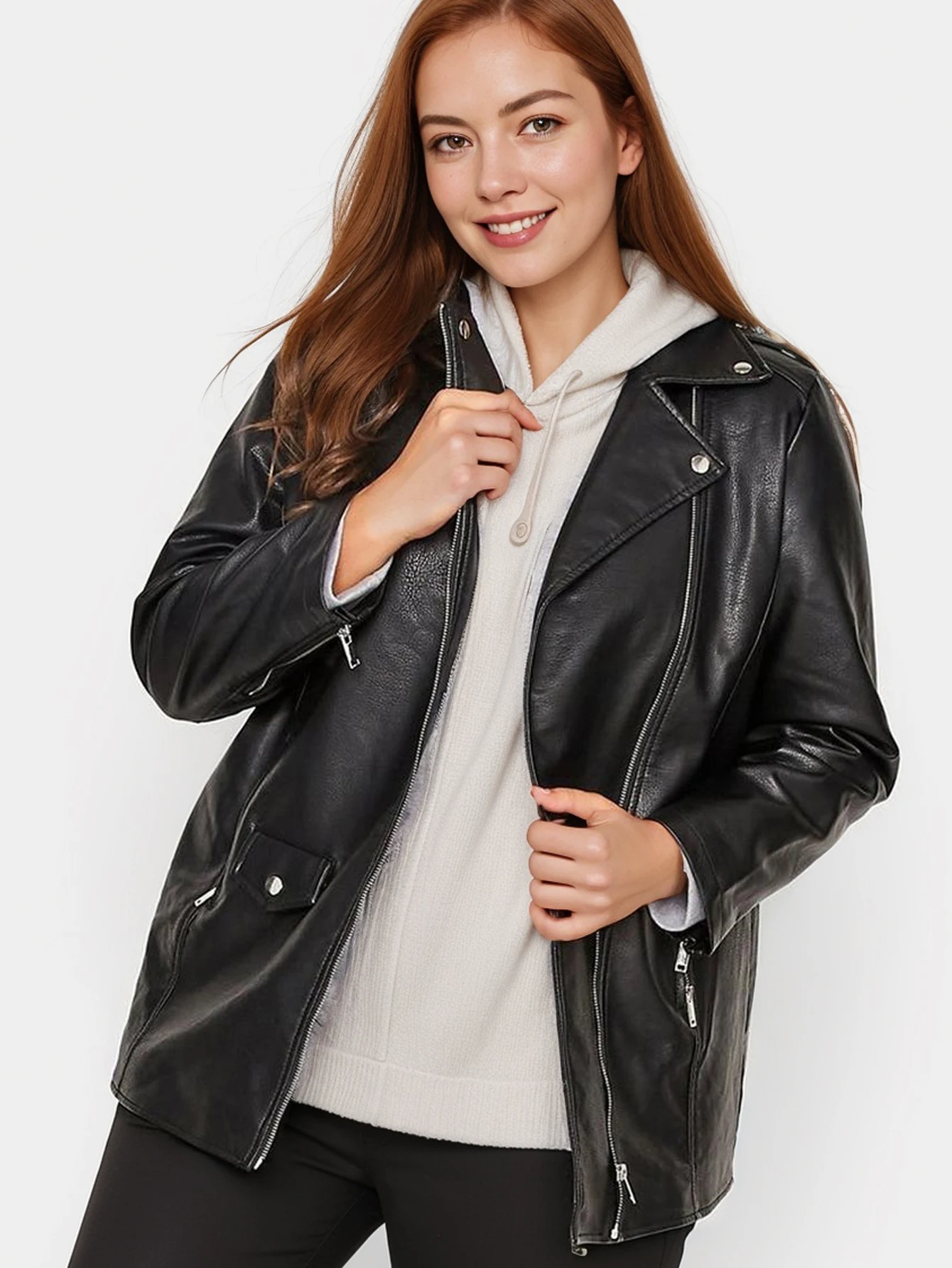 Plus Size PU Leather Zipper Jacket, Casual Long Sleeve Lapel Jacket For Fall, Women\'s Plus Size Clothing