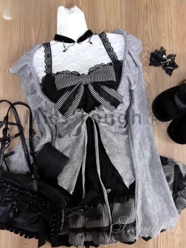 Japanese Lolita Sweet 3 Piece Suit Women Autumn Black Lace Vest + Ruffles Cardigan Short + Mini Skirt New Fashion Sexy Suit 2024